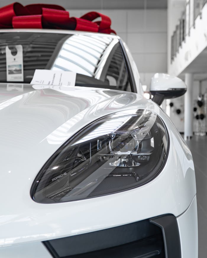 A sleek and modern white car with a red bow in a Saint Petersburg showroom, emphasizing luxury.